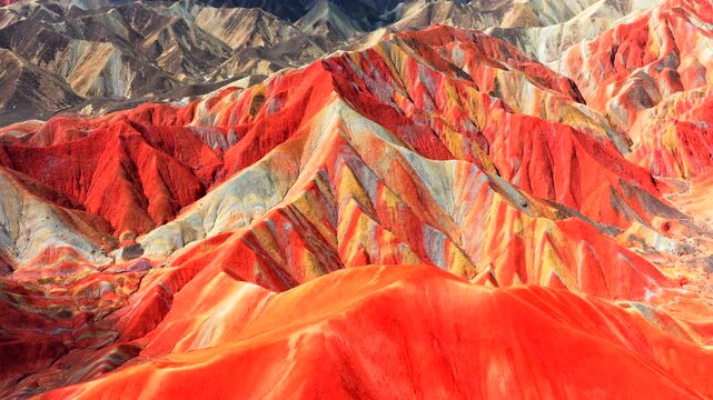 Drone footage of Zhangye Qicai Danxia, spectacular multicolored eroded mountain landscape of northwest China