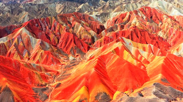 Drone footage of Zhangye Qicai Danxia, spectacular multicolored eroded mountain landscape of northwest China