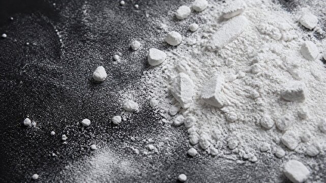 White Powder Pile and Dust on Black Background