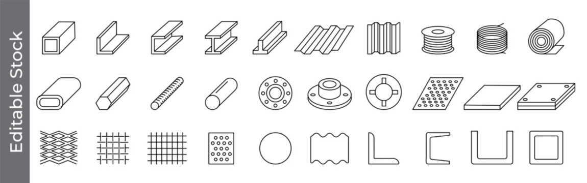 Metal and steel material icon set &ndash; editable outline symbols of beam, pipe, rod, coil, mesh and plate