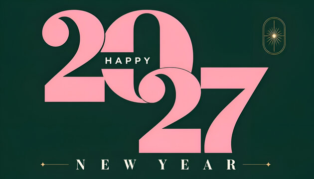 Happy 2027 new year greeting card design with large pink typography numbers on a dark green background january first graphic design typography celebration seasonal