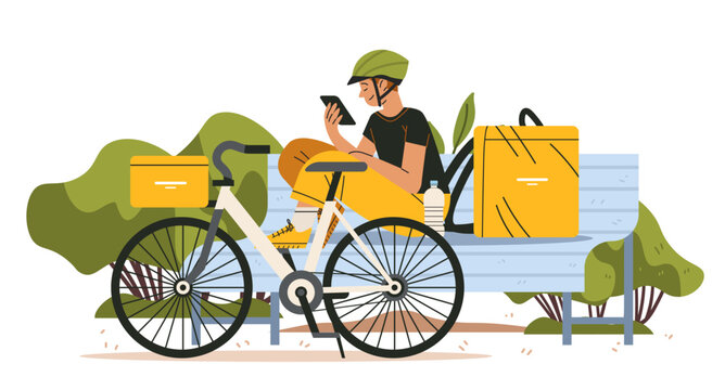 Heatwave Europe delivery worker resting on bench urban park bicycle yellow backpack water bottle summer exhaustion outdoor modern flat