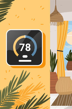 Heatwave Europe smart thermostat climate control technology summer interior digital device sunlit room tropical plants contemporary home