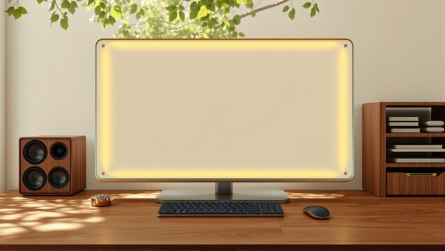 Modern workspace setup. Monitor with warm backlight, keyboard, mouse, speakers, plant. Wooden desk, bookshelf visible. Minimalist aesthetic.