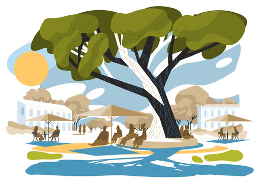 Heatwave Europe searching for shade people gather under large tree and umbrellas in sunny city park outdoor summer landscape modern flat design