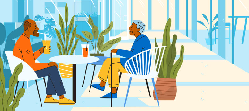 Heatwave Europe elderly people hydration outdoor cafe seniors drinking cold beverages surrounded by plants summer modern flat design