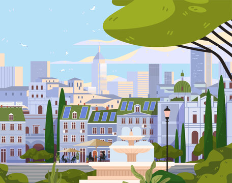 Heatwave Europe future climate ready city sustainable urban landscape with solar panels green roofs trees outdoor cafe fountain modern buildings