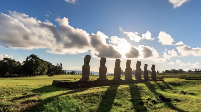 Seven Ahu Akivi Moai Statues Standing in Grassy Field under Blue Sky on Easter Island, Valparaiso, Chile. Time Lapse Video