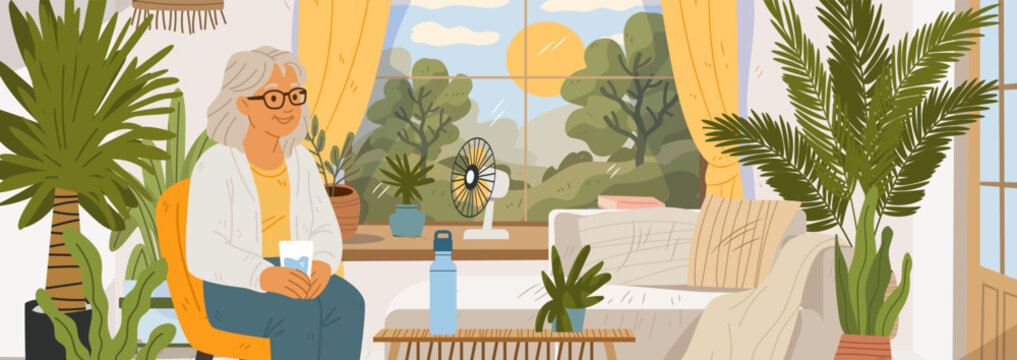 Heatwave Europe elderly people summer safety hydration senior woman sitting indoors drinking water electric fan plants sunny window home interior