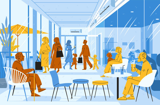 Heatwave Europe cooling center people relaxing indoors families seniors air conditioning community safe space modern public facility blue yellow color