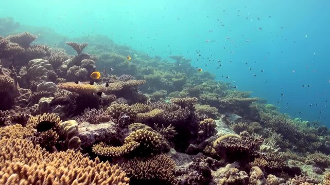 An underwater view shows various types of coral formations bustling with marine life during the daytime. Small, colorful fish swim among the structures, creating a lively ecosystem.