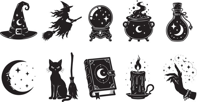 Gothic Halloween Witch Silhouette Collection with Witch Hat, Flying Witch, Crystal Ball, Cauldron, Magic Potion, Black Cat, Spell Book, Candle and Magic Hand