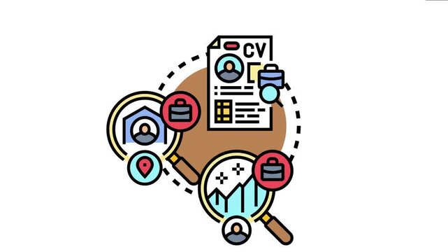 Curriculum vitae, magnifying glasses, and a briefcase icon collectively illustrate the comprehensive process of seeking new employment and the thorough methods involved in recruiting candidates