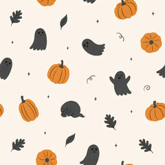 Fototapeta premium Seamless gentle Halloween pattern with ghosts and pumpkins
