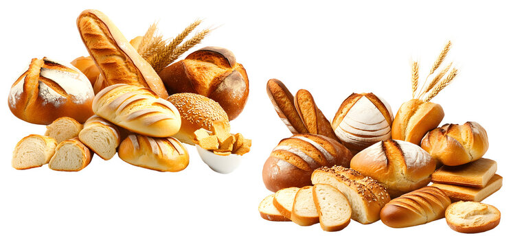 Assortment of fresh artisan bread loaves and baguettes isolated on transparent background
