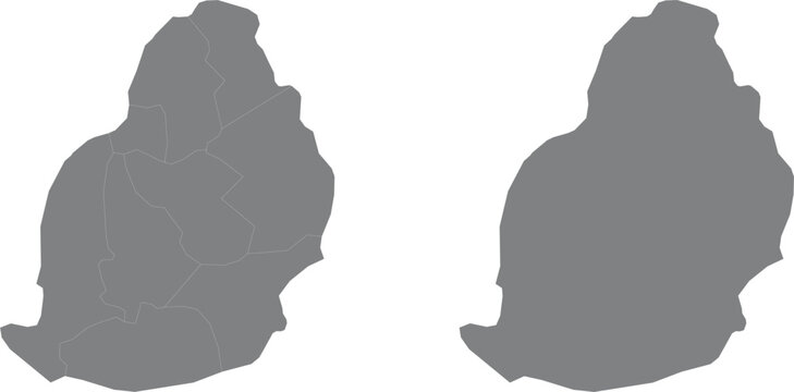 Grey map of mauritius with districts and outline isolated on white background illustration