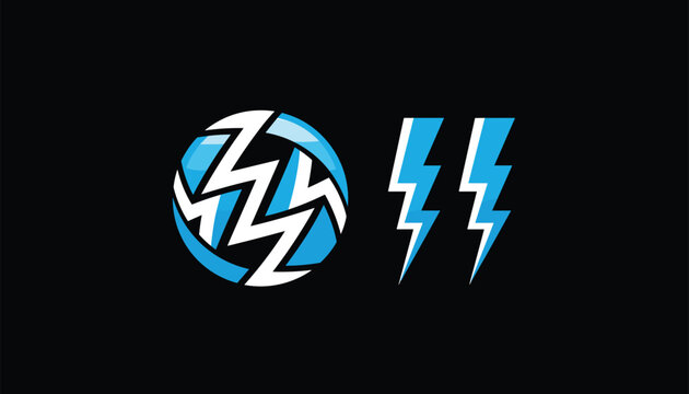 Circular lightning bolt logo in white and blue shades, accompanied by twin light blue energy bolt icons on a black background.