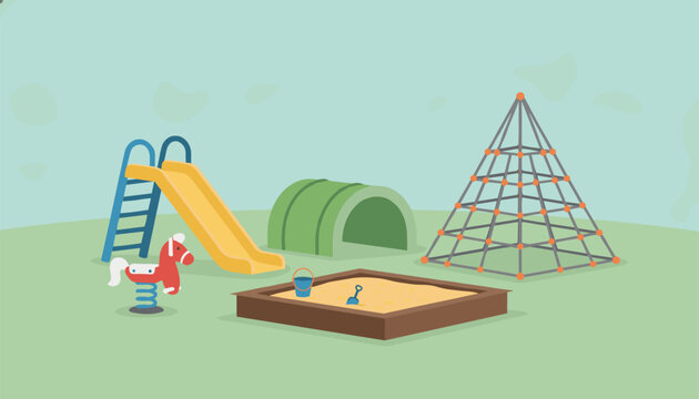Children outdoor playground containing a slide, sandbox with toys, climbing pyramid, spring rider horse, and a play tunnel.