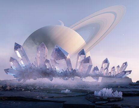 Surreal alien planet landscape with giant floating crystals and ringed planet in the sky.