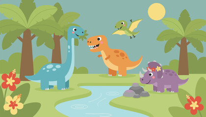 Fototapeta premium Cute cartoon dinosaurs including a long neck, T-Rex, Triceratops, and Pterodactyl in a colorful prehistoric jungle.