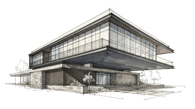 Architectural sketch of modern cantilever house with stone wall and large windows isolated on transparent background