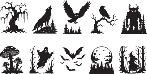 Naklejka premium Gothic Halloween Forest Silhouette Collection with Haunted Tree, Howling Wolf, Flying Owl, Raven, Monster, Mushrooms, Ghost, Bats and Witch