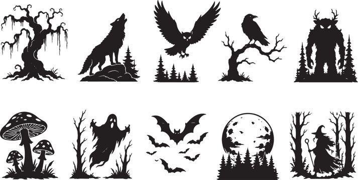 Gothic Halloween Forest Silhouette Collection with Haunted Tree, Howling Wolf, Flying Owl, Raven, Monster, Mushrooms, Ghost, Bats and Witch