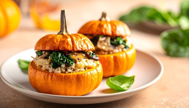 Mini calabazas rellenas con mezcla cremosa y hojas verdes servidas en un plato blanco sobre una mesa