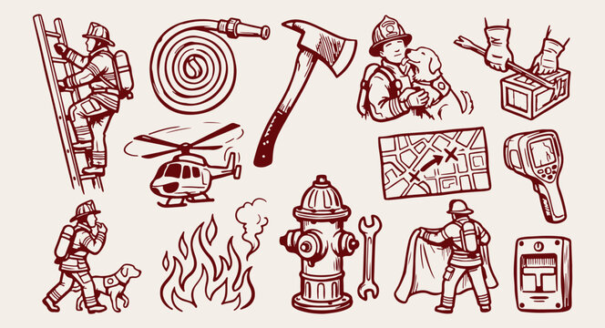 firefighter rescue emergency line vector pattern, fire department equipment illustration background, red line firefighter hero graphic set, fire truck hydrant axe repeat texture, emergency rescue serv