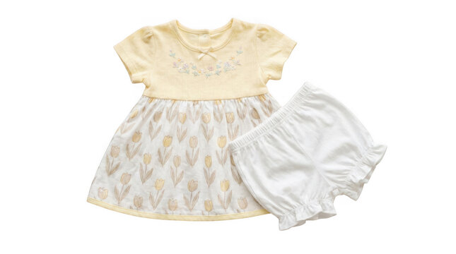 Baby girl yellow top with embroidered flowers, tulip skirt, and white diaper cover shorts, isolated on transparent background