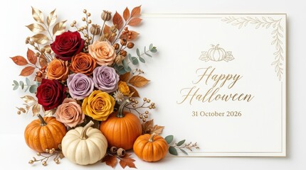 Fototapeta premium Happy halloween greeting card with pumpkins and autumn flower bouquet isolated on transparent background