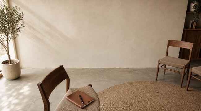 Minimalist therapy room chair with notebook and pen for support group
