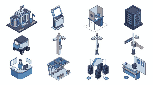 Collection of isometric icons representing various modern technological and service-oriented buildings and structures.