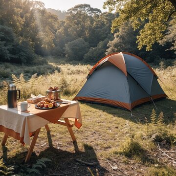 Camping tent with table in forest park
