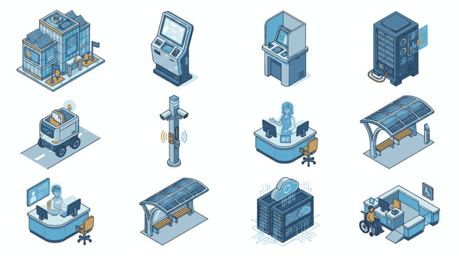 Collection of isometric icons representing modern technology and urban infrastructure elements.