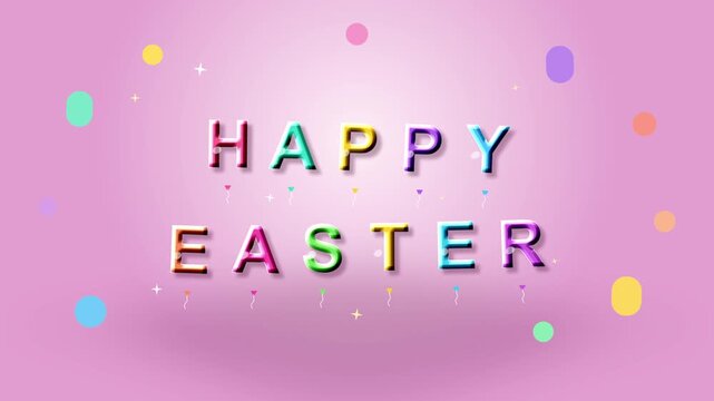 Festive happy Easter balloon text animation in pink studio with confetti, looping motion graphic