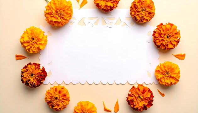 Marco decorativo de flores de cempas&uacute;chil naranjas alrededor de una tarjeta blanca con espacio central para texto