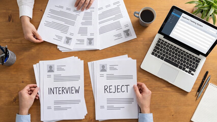 Fototapeta premium Recruiters sorting resumes into interview and reject piles, representing hiring process and candidate selection for job recruitment