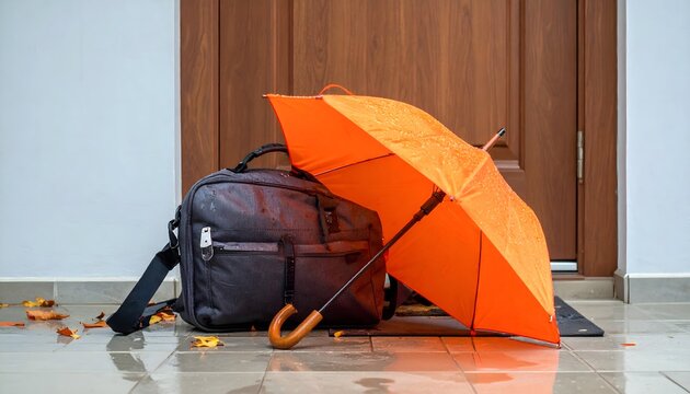 Mochila oscura y paraguas naranja apoyados junto a una puerta de entrada con hojas secas sobre el suelo