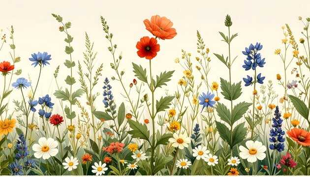 Ilustraci&oacute;n floral con amapolas, margaritas y flores silvestres de colores sobre fondo claro