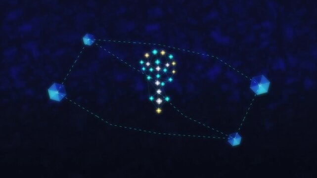 3D animation of metal polyhedra forming a sculpture with lightning discharge, digital art background