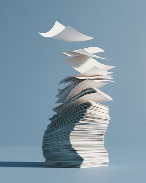Hoher Papierstapel mit schwebenden Bl&auml;ttern als Konzept f&uuml;r Arbeitsbelastung und B&uuml;rokratie