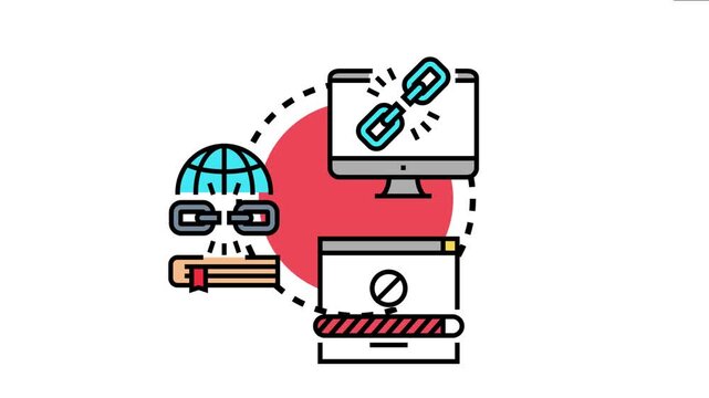 Digital assets including a computer monitor. Globe icon. Document. And web browser window are visually connected by chains