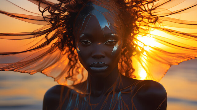 Beautiful black woman at the beach with glowing fabric