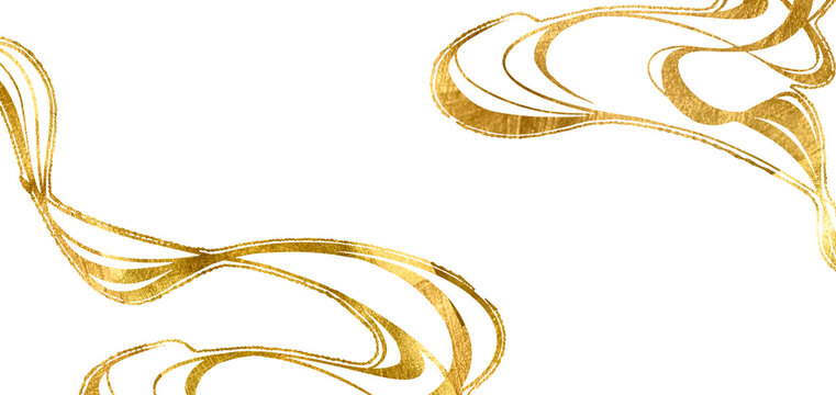 Gold line abstract background with golden ribbon. Gold wave. Banner style, wedding card, wine label, premium packaging. Pieces of gold foil  luxury sparkling,on a transparent background. 