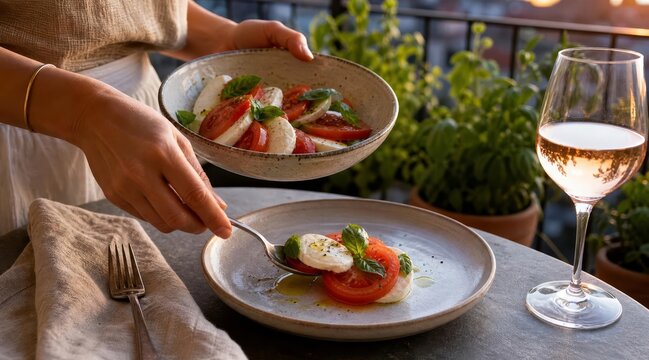 Caprese salad plating on balcony table at summer dusk