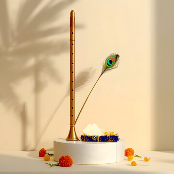 Traditional Indian Flute and Peacock Feather Festive Decoration