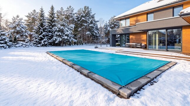 A modern luxury house with a turquoise safety pool cover protecting an outdoor swimming pool on a snow-covered backyard lawn surrounded by winter pine trees.
