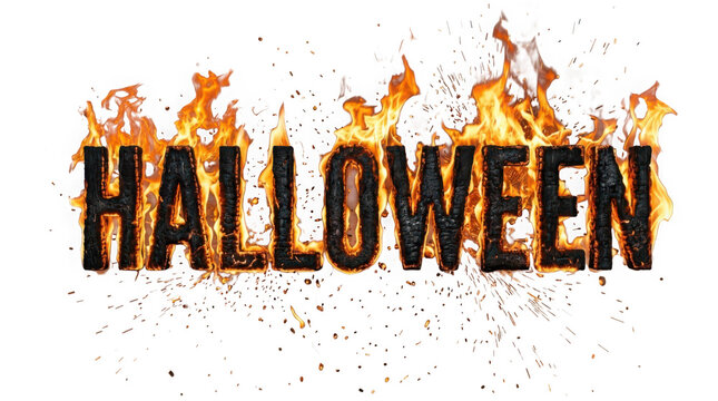Halloween text made of burning fire and charred wood isolated on transparent background
