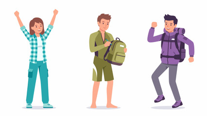 Obraz premium Three diverse people in casual outdoor clothing, ready for adventure and travel.